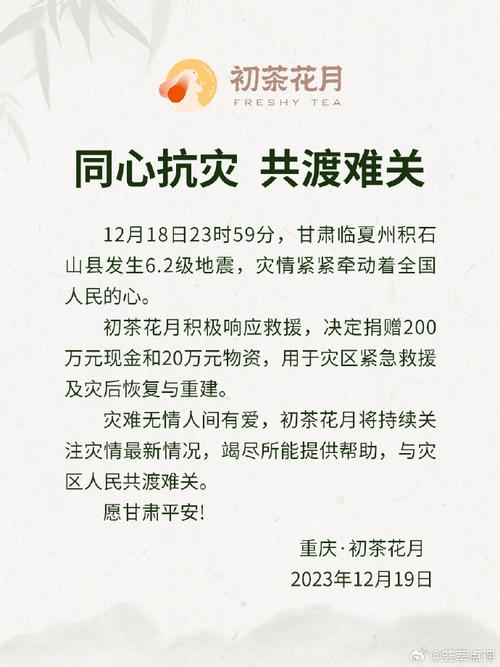 茶颜悦色等10家新茶饮品牌联合新茶饮公益基金捐赠1千万驰援甘肃地震