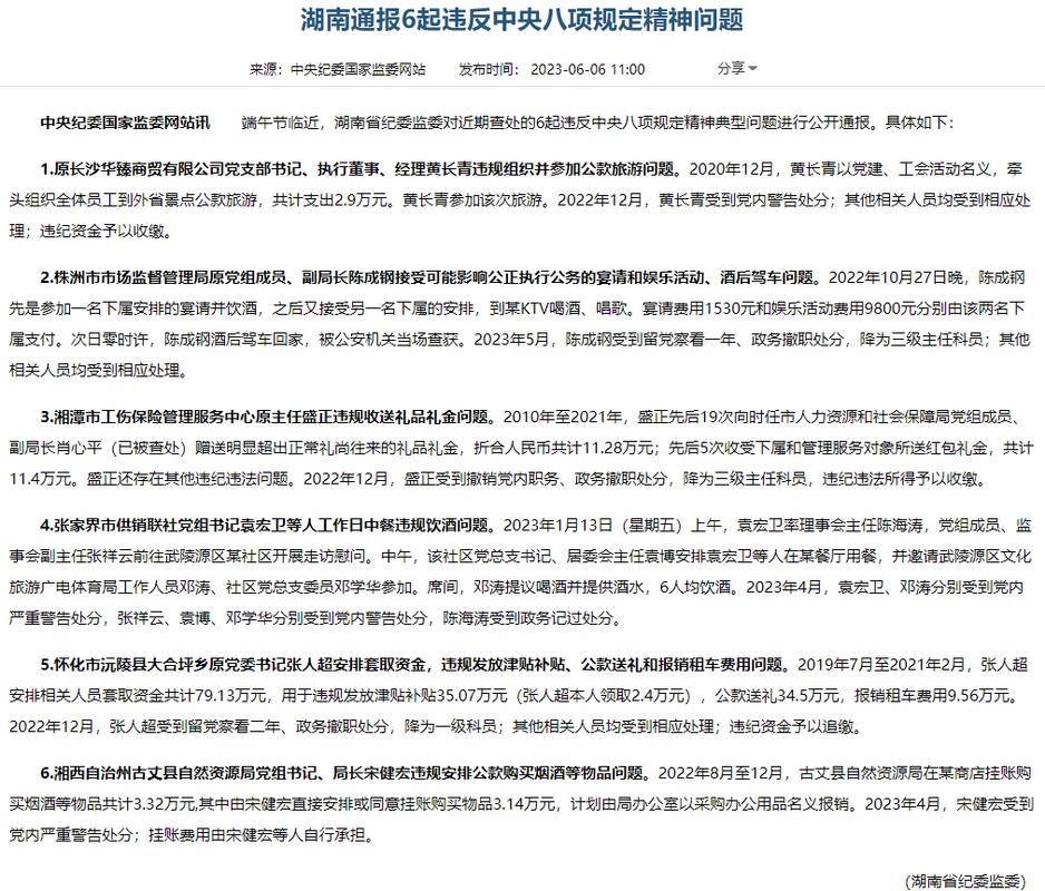 湖南通报7起违反中央八项规定精神典型问题